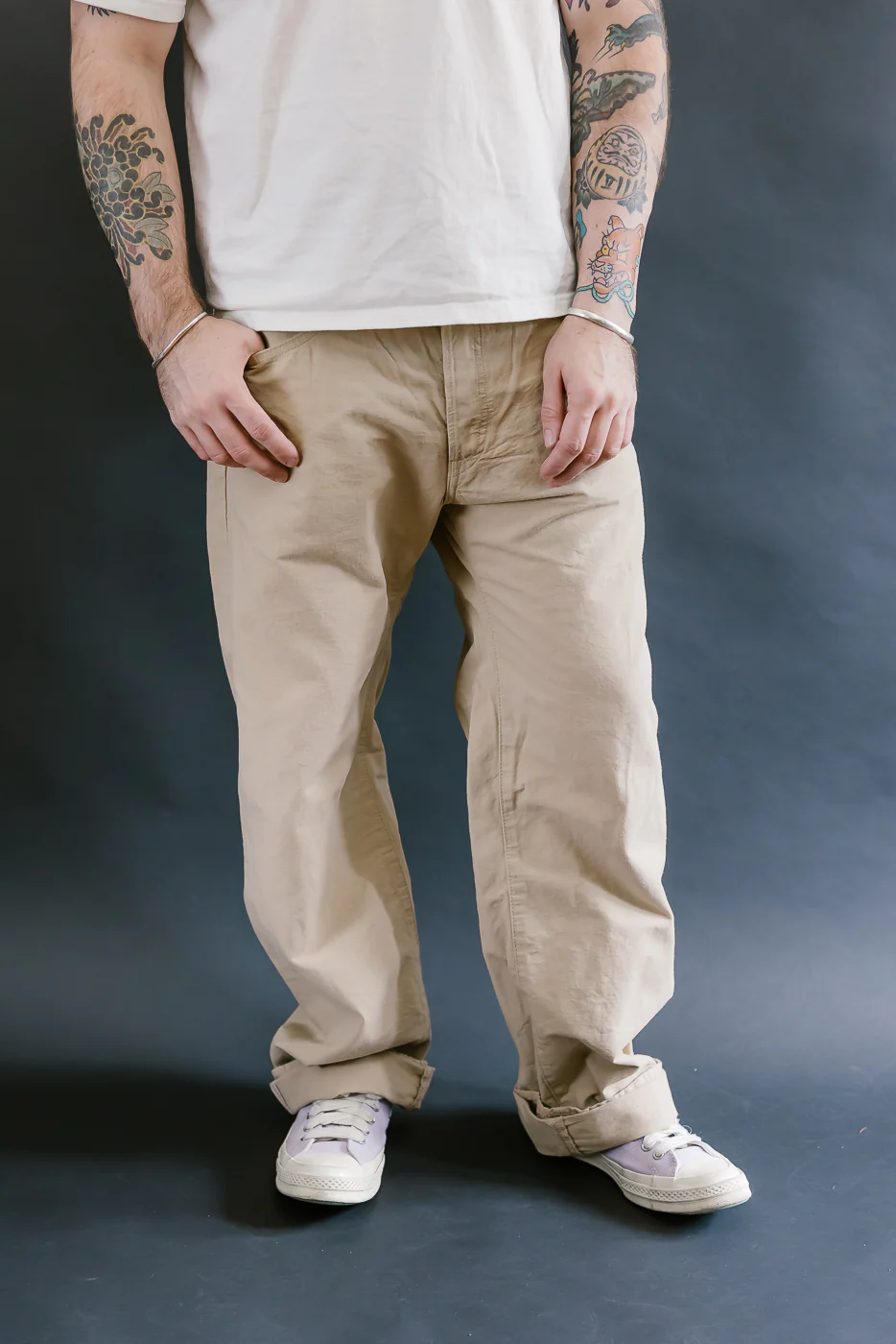 200-8BE - 8oz "Beige Betacham" Selvedge Chambray Pants - Wide Straight - Image 15