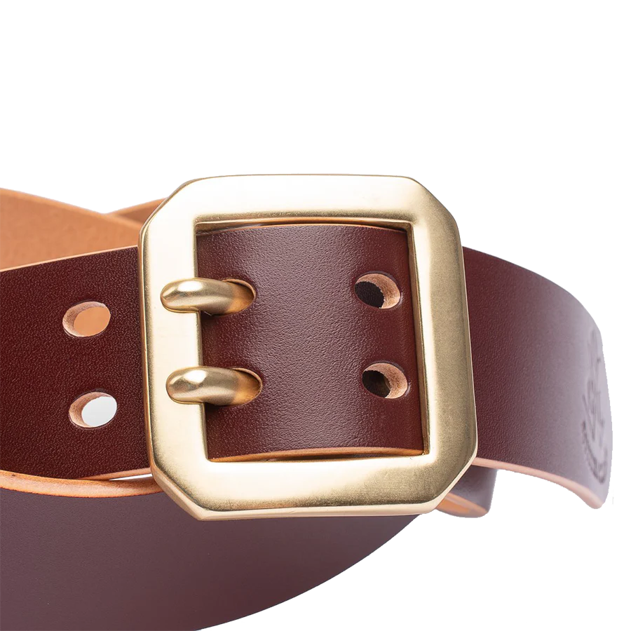 Double Prong Brass Garrison Buckle Leather Belt - Hand-Dyed Brown - Image 3