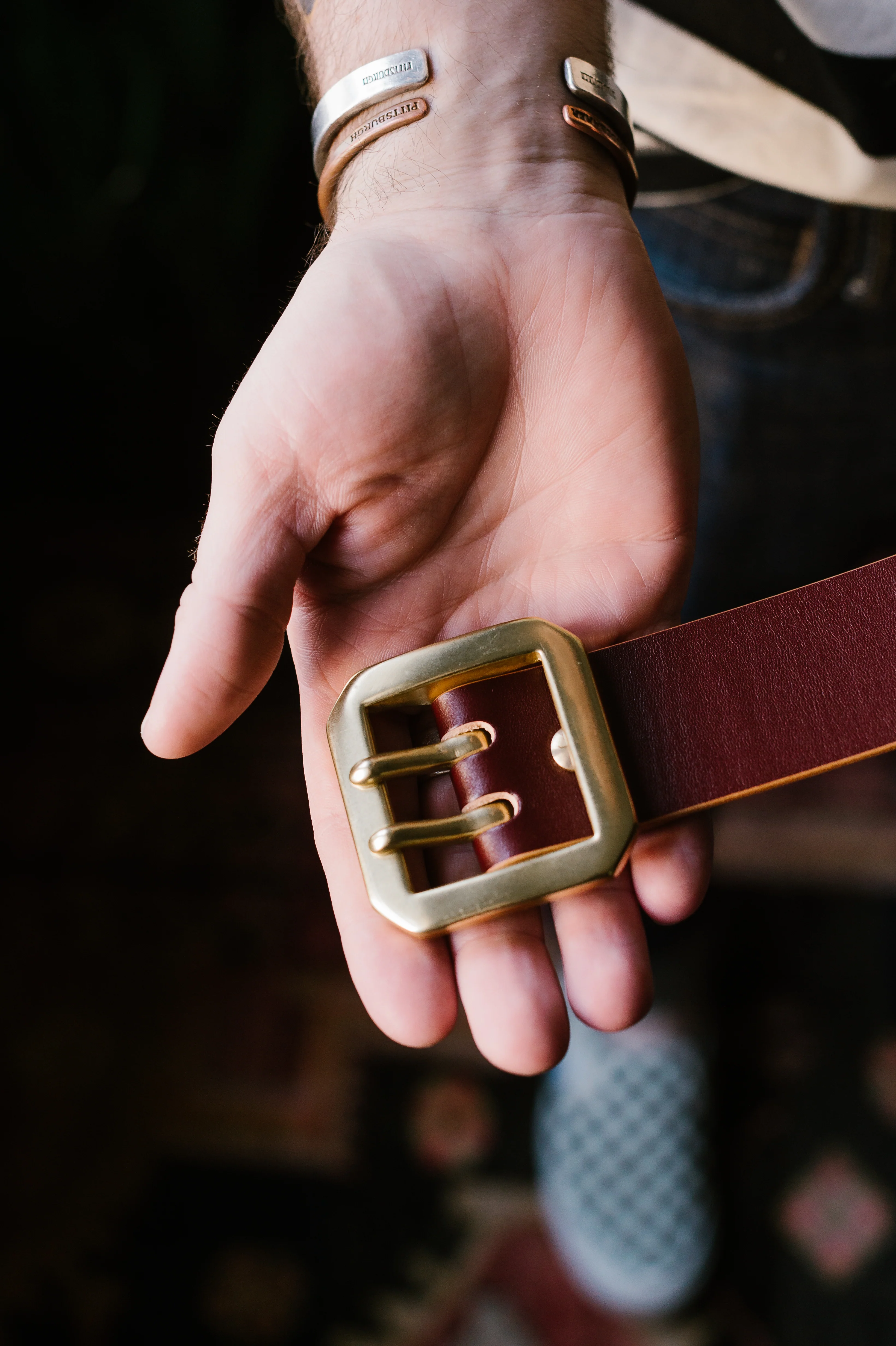 Double Prong Brass Garrison Buckle Leather Belt - Hand-Dyed Brown - Image 6