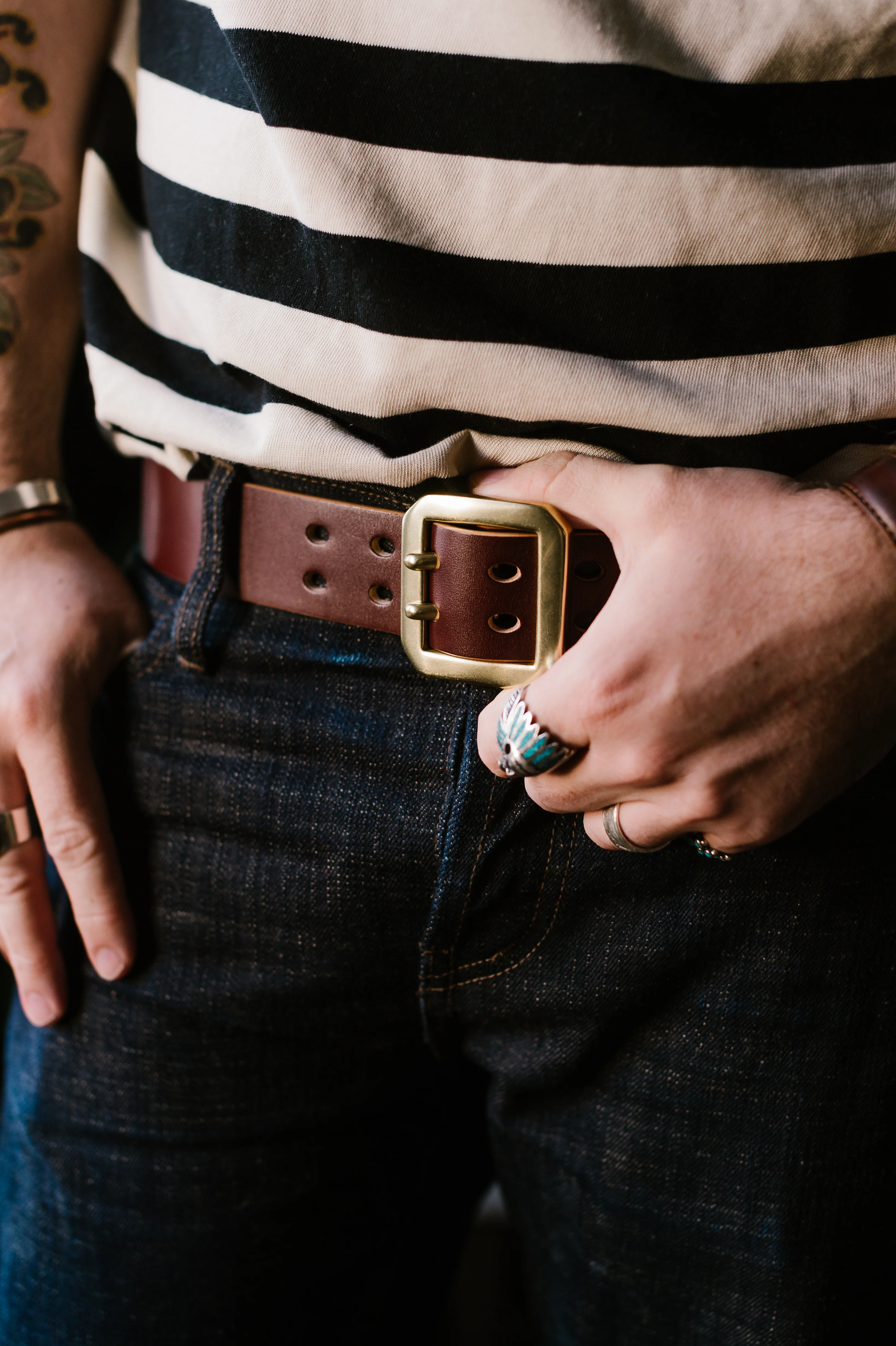 Double Prong Brass Garrison Buckle Leather Belt - Hand-Dyed Brown - Image 9