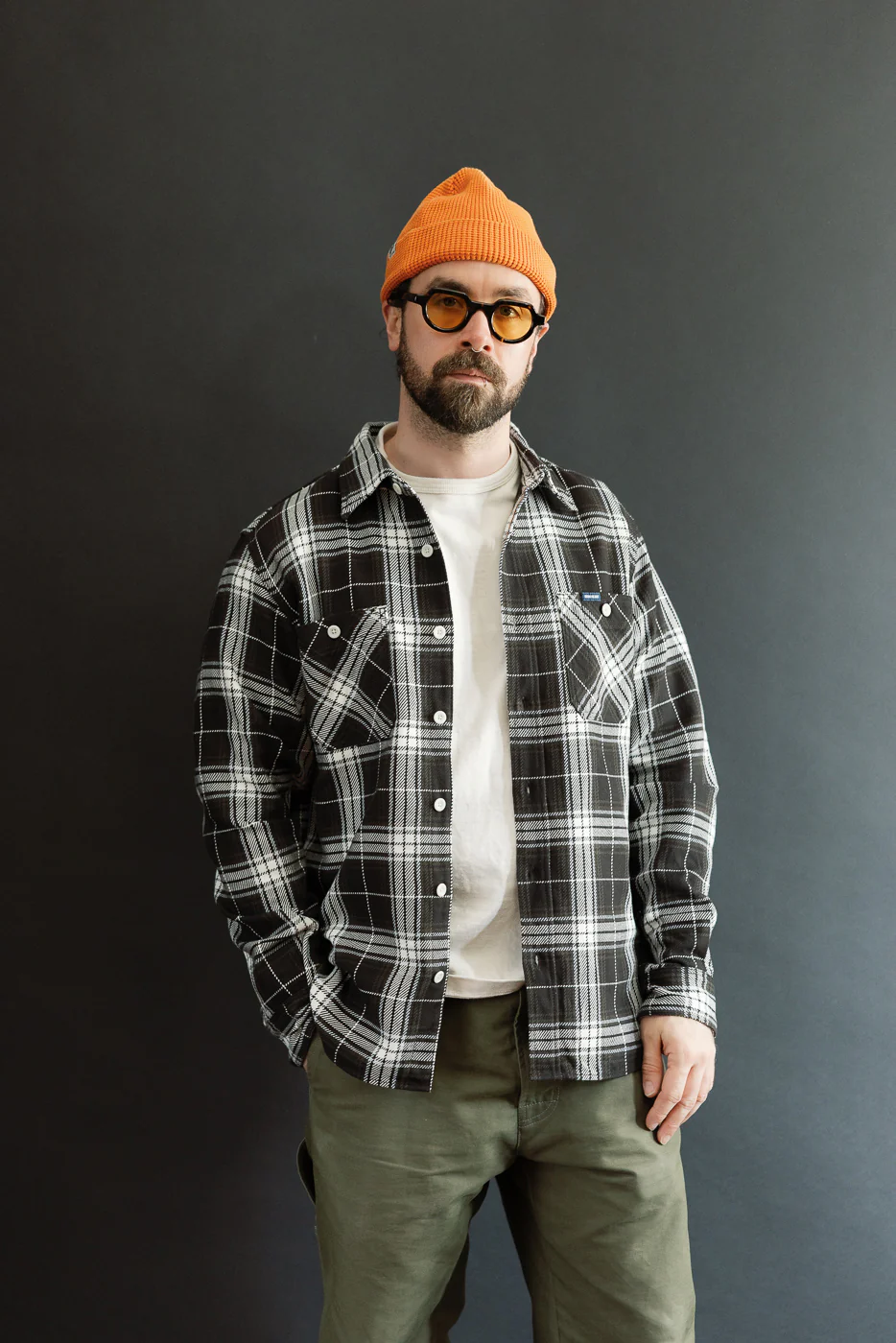 IHSH-441-BLK - 9oz Selvedge Flannel Check Work Shirt - Black - Image 11