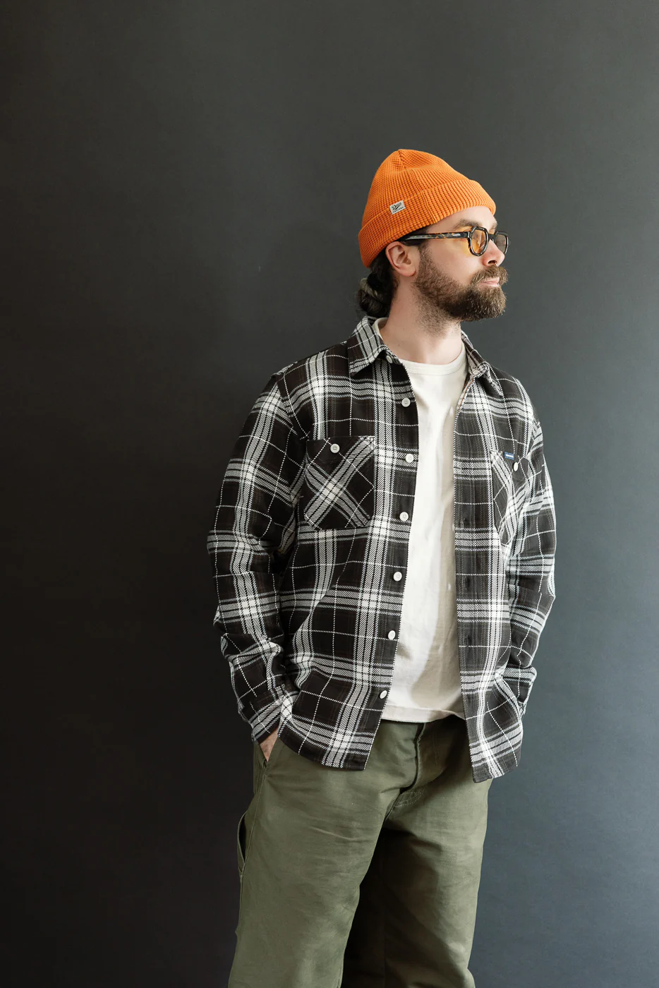 IHSH-441-BLK - 9oz Selvedge Flannel Check Work Shirt - Black - Image 15