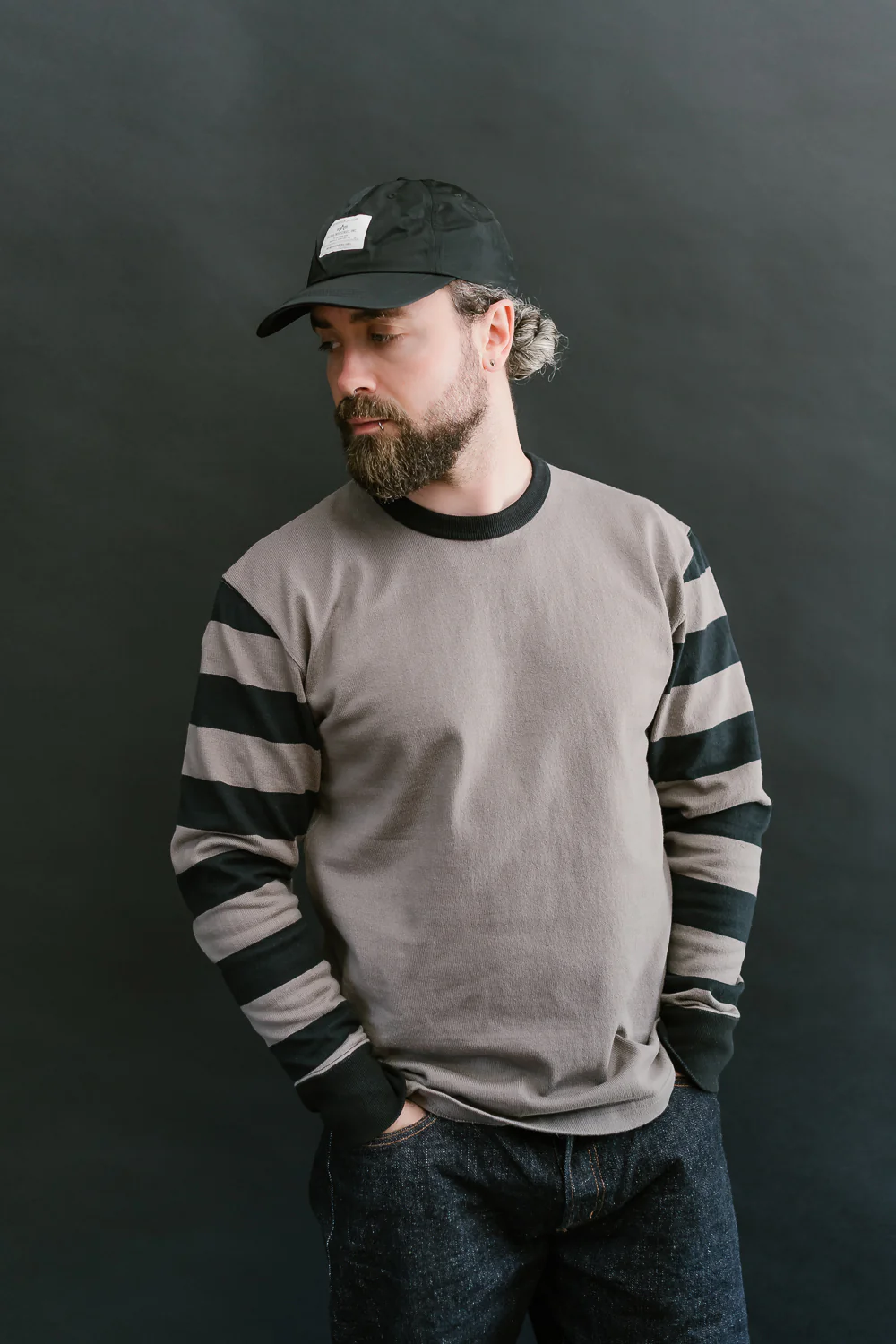 IHTB-12-GRY - 11oz Cotton Knit Long-Sleeved Sweater - Grey Body, Black Stripes - Image 14