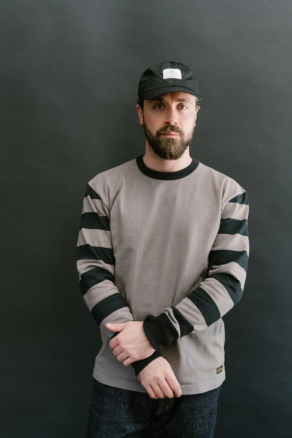 IHTB-12-GRY - 11oz Cotton Knit Long-Sleeved Sweater - Grey Body, Black Stripes - Image 15
