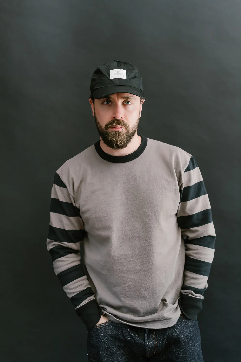 IHTB-12-GRY - 11oz Cotton Knit Long-Sleeved Sweater - Grey Body, Black Stripes - Image 8
