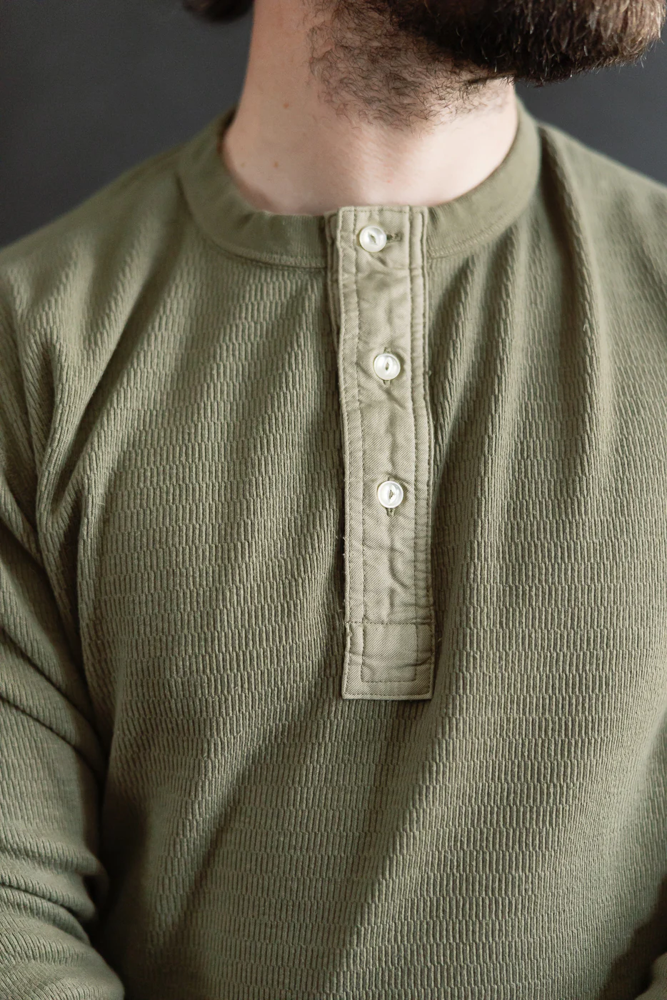 LRH1041 - Supima Long Sleeve Honeycomb Knit Henleyneck Thermal - Army Olive - Image 15