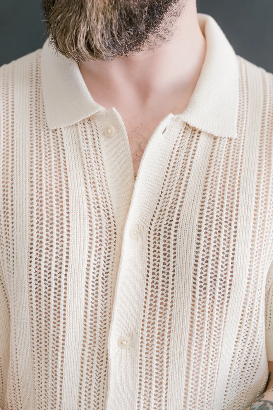 Short Sleeve Mesh Stripe Knit Shirt - Ecru - Image 16