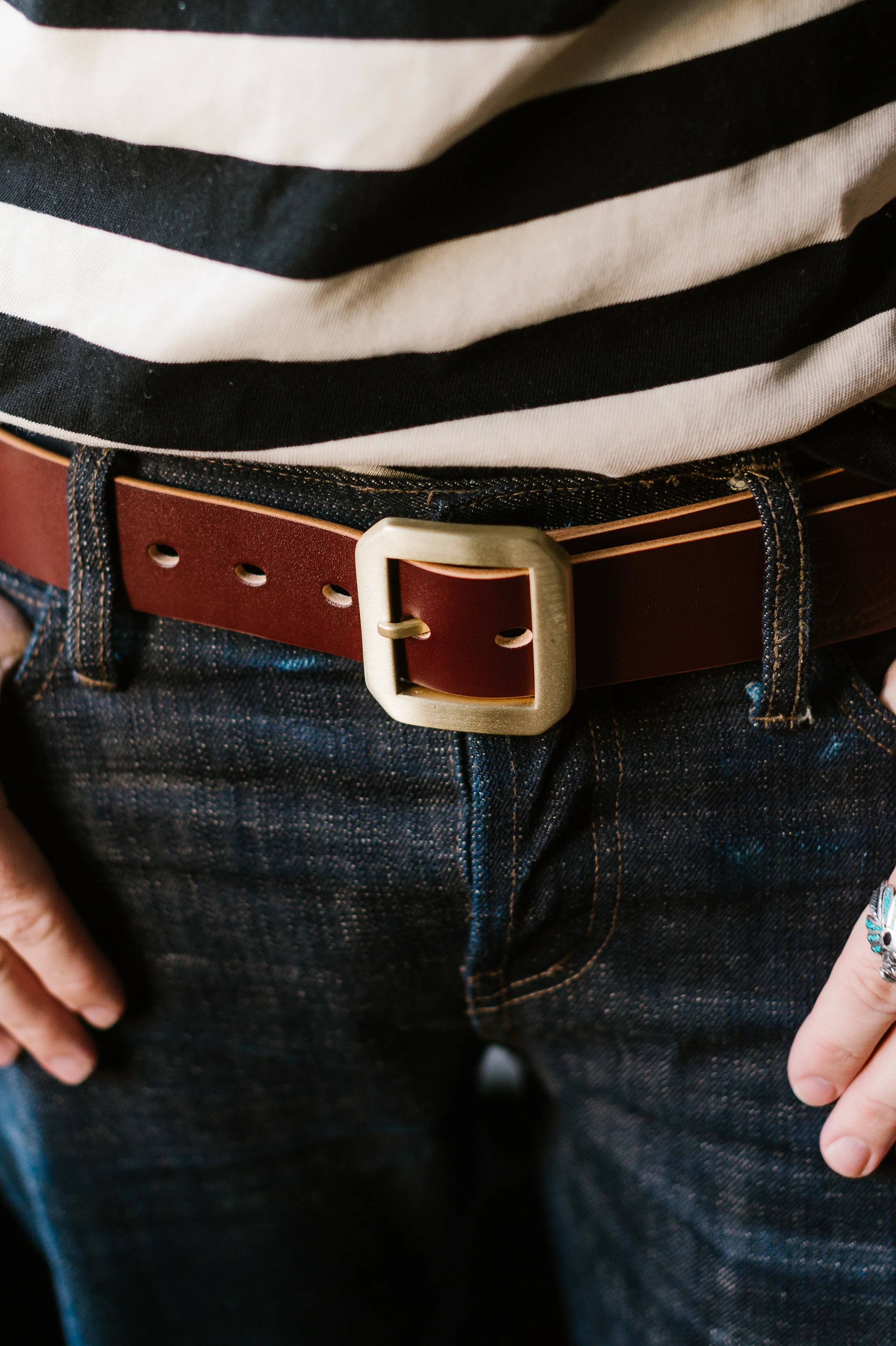 Single Prong Brass Garrison Leather Belt - Hand-Dyed Brown - Image 10