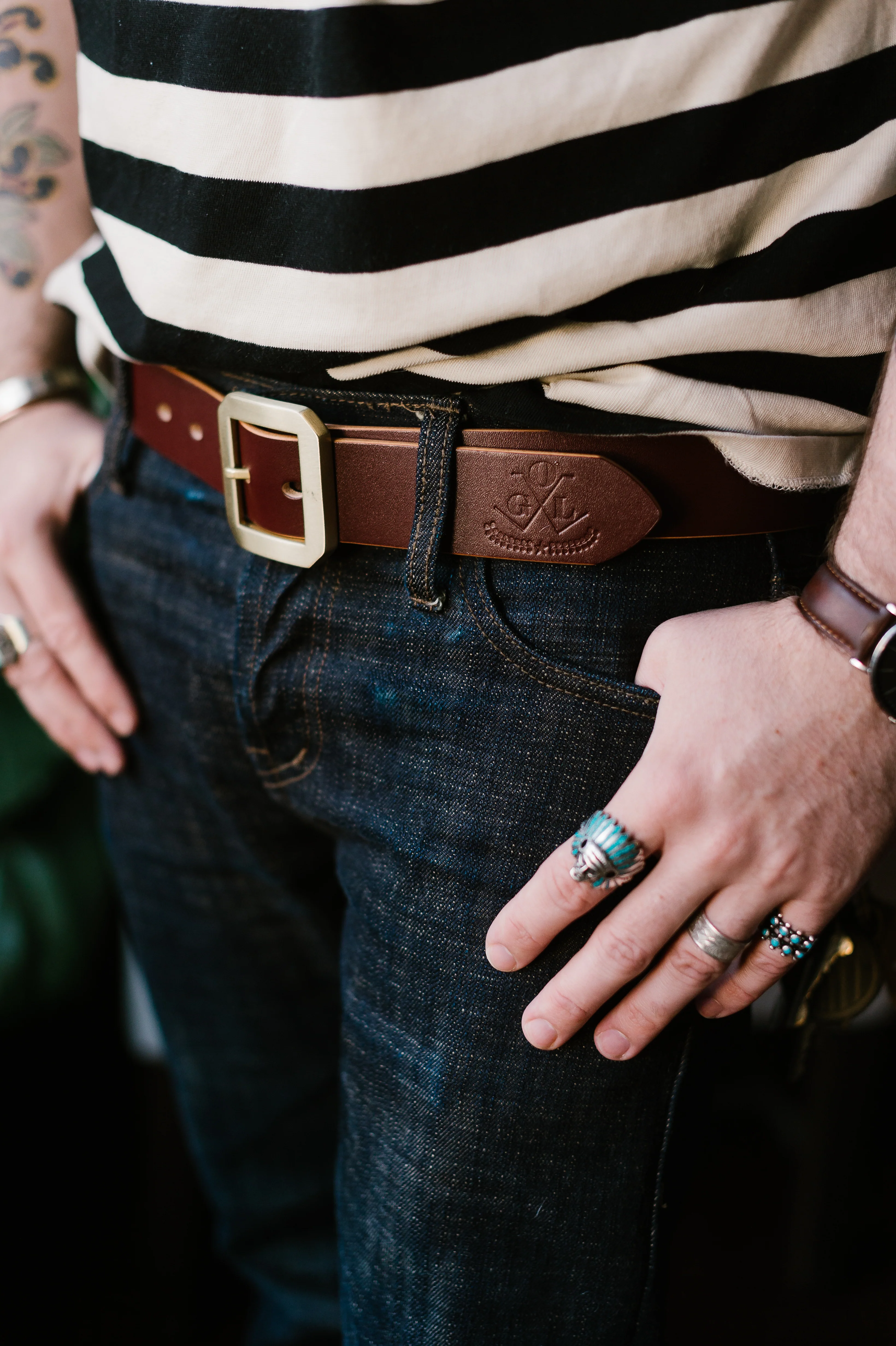 Single Prong Brass Garrison Leather Belt - Hand-Dyed Brown - Image 14