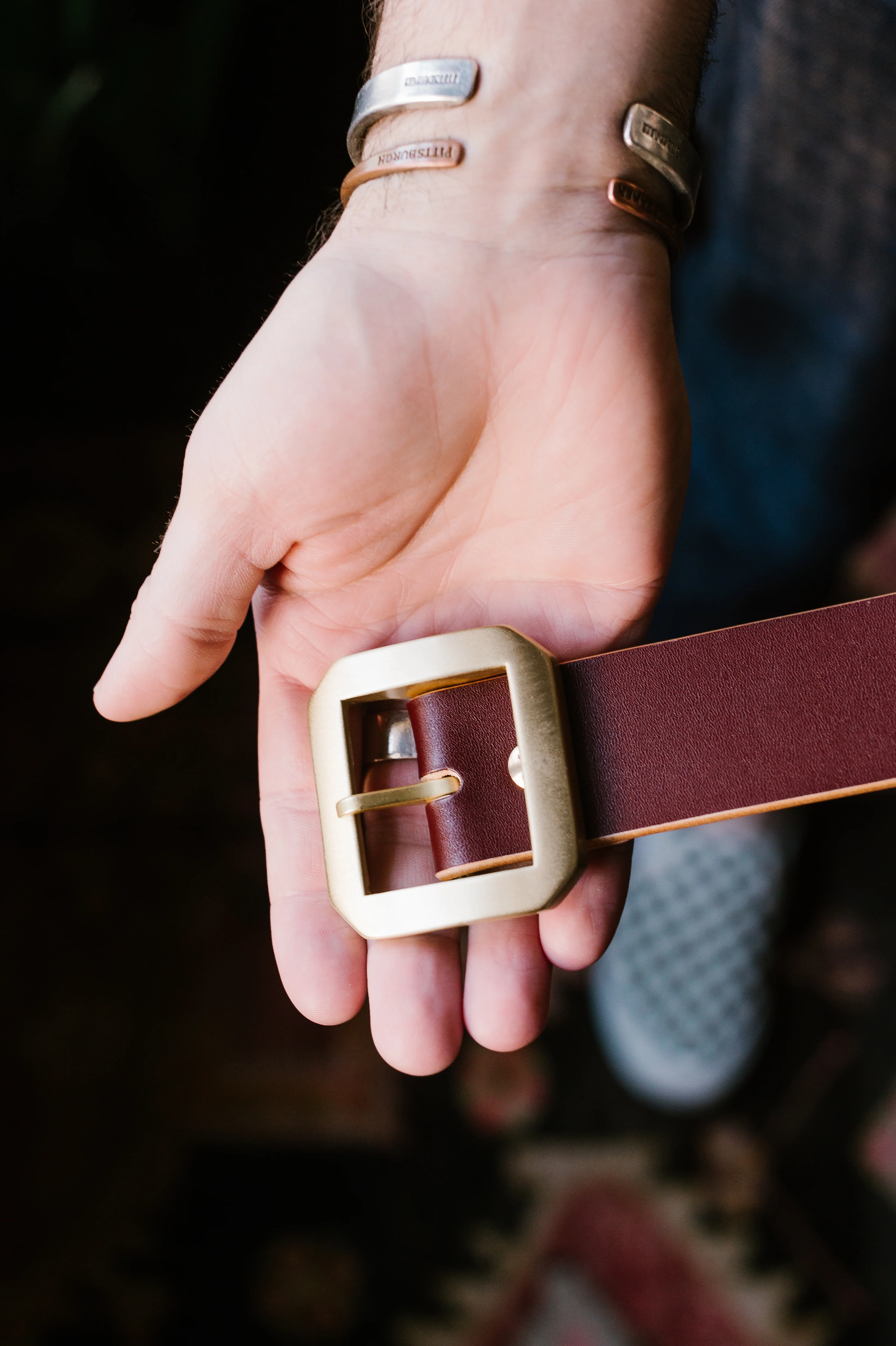 Single Prong Brass Garrison Leather Belt - Hand-Dyed Brown - Image 9