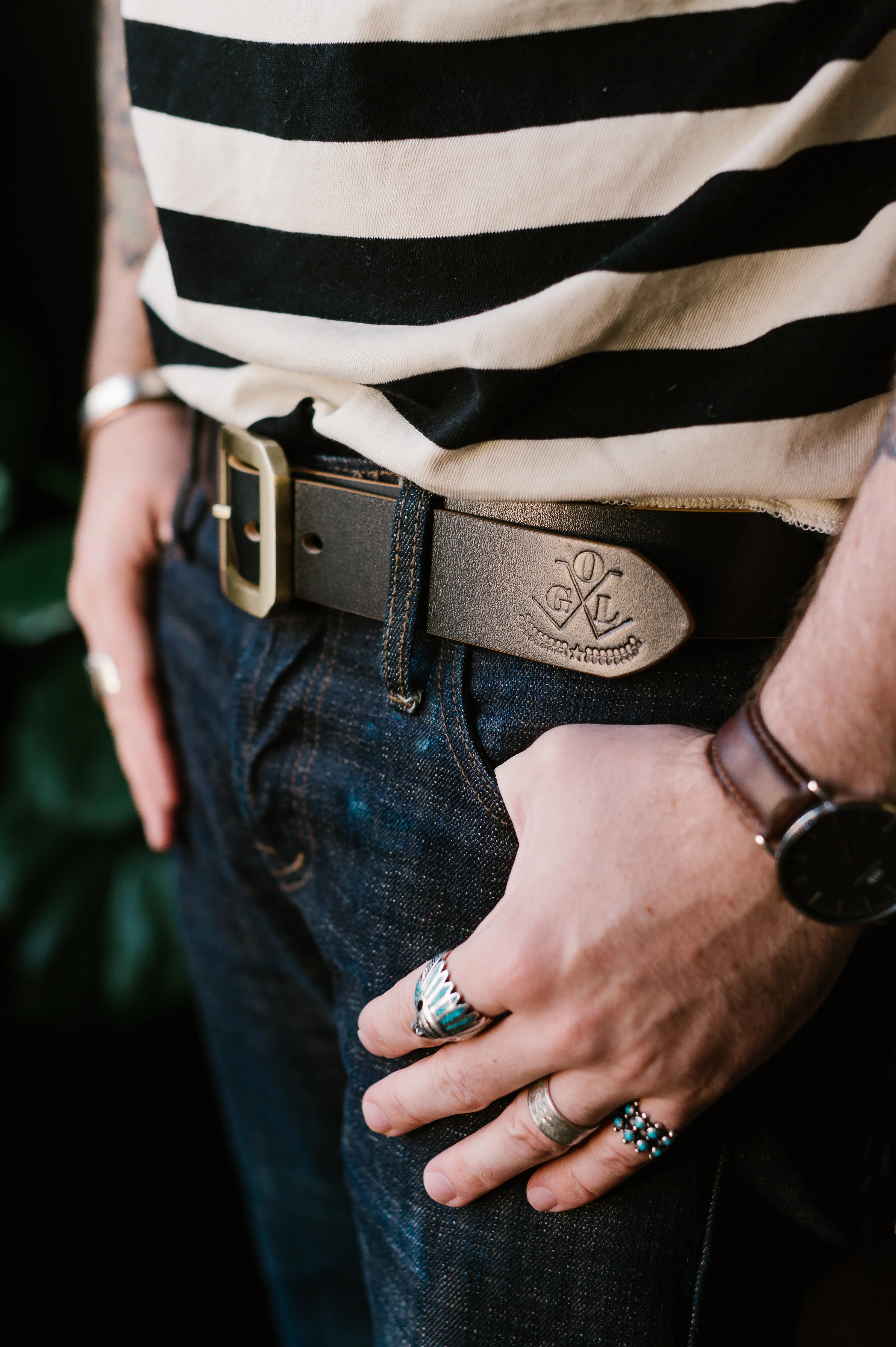 Single Prong Brass Garrison Leather Belt - Hand-Dyed Black - Image 10