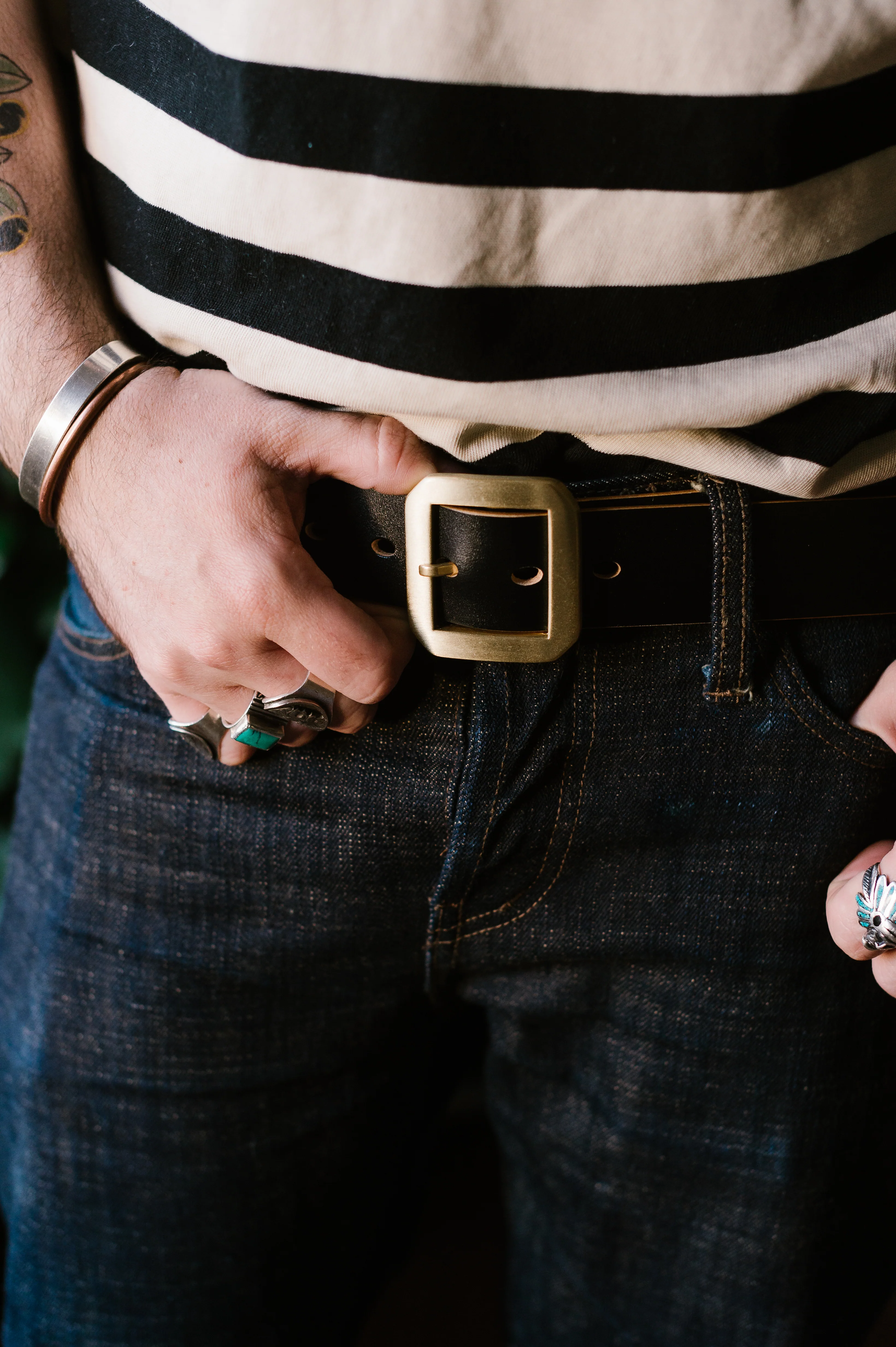 Single Prong Brass Garrison Leather Belt - Hand-Dyed Black - Image 9