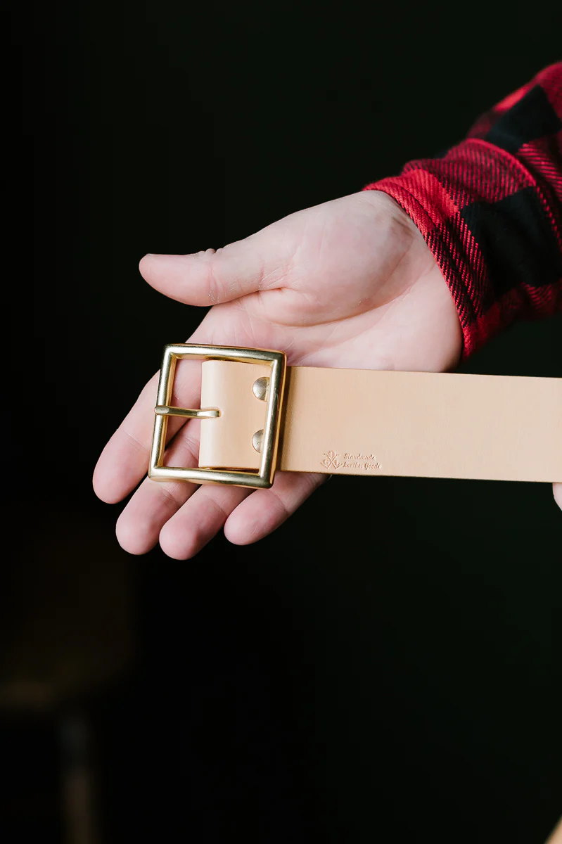 Vintage 1.75" Brass Buckle Leather Belt - Natural - Image 6