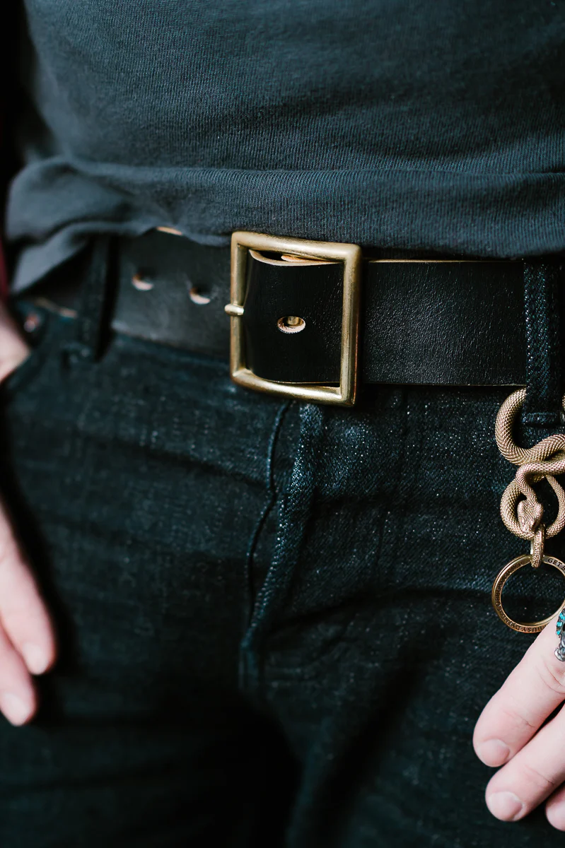 Vintage 1.75" Brass Buckle Leather Belt - Hand-Dyed Black - Image 11