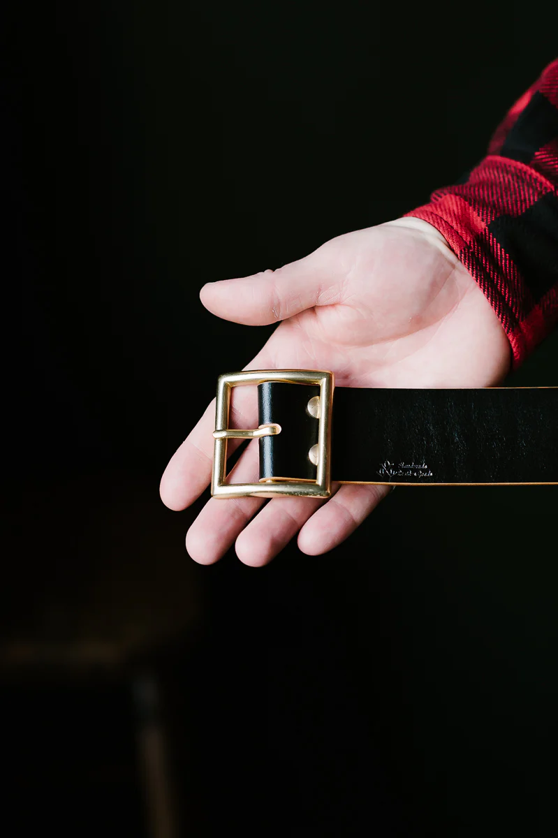 Vintage 1.75" Brass Buckle Leather Belt - Hand-Dyed Black - Image 7